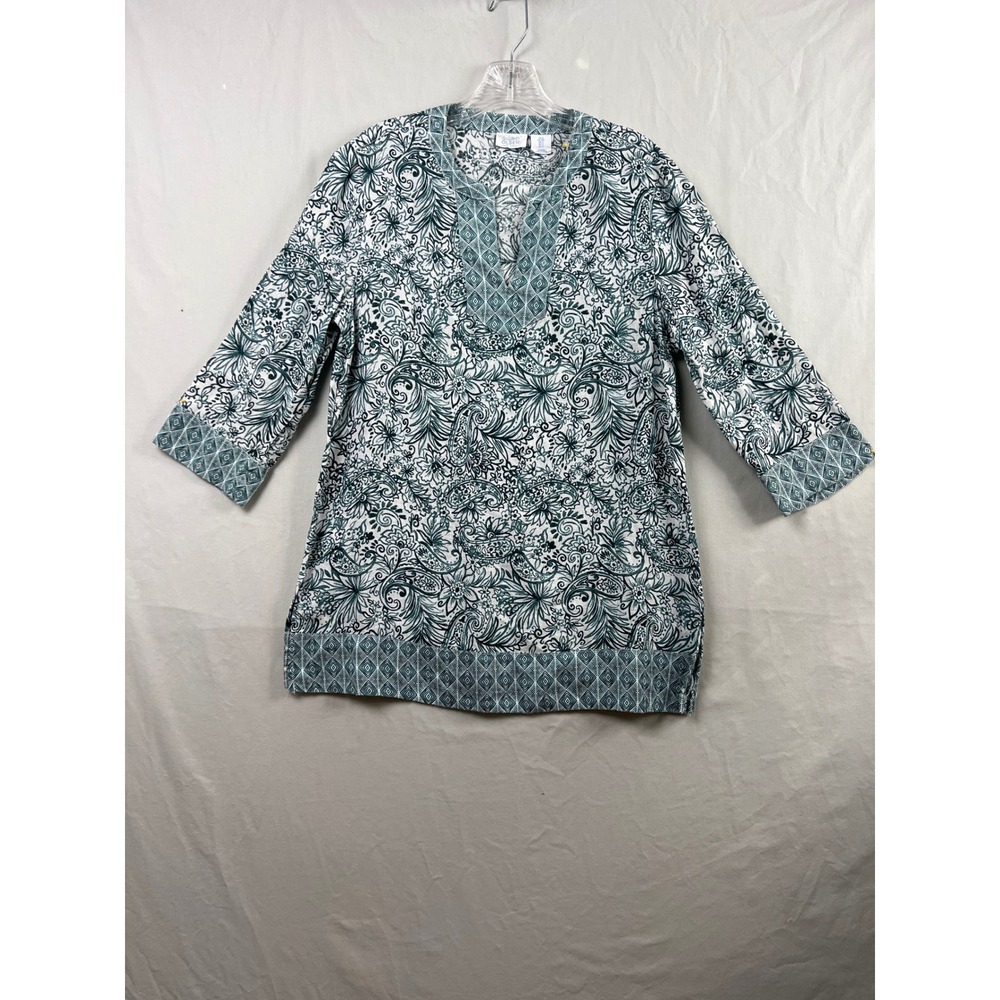 Sigrid Olsen Tunic Women Small Teal Paisley Floral 100% Linen 3/4 Sleeve Boho